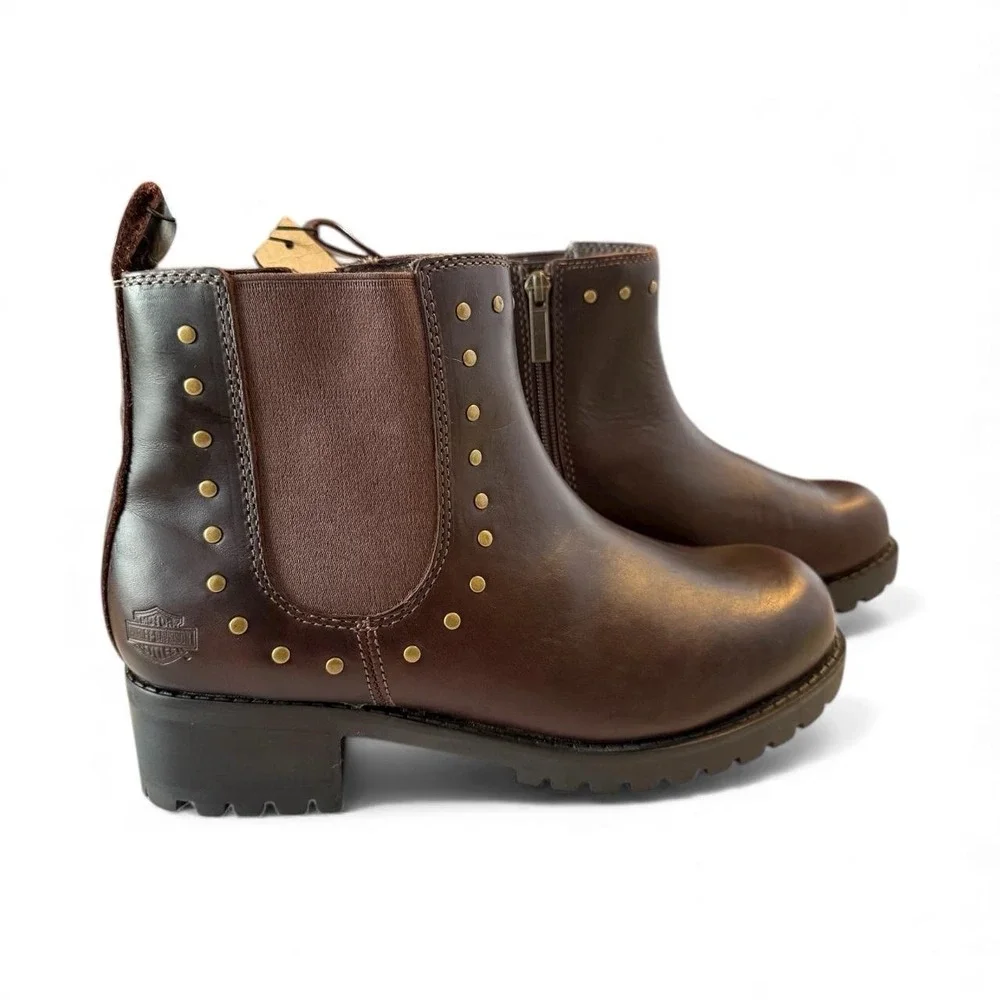 NWT Harley‎ Davidson Women's Studded Chelsea Boots Brown Leather 9.5M Biker Moto